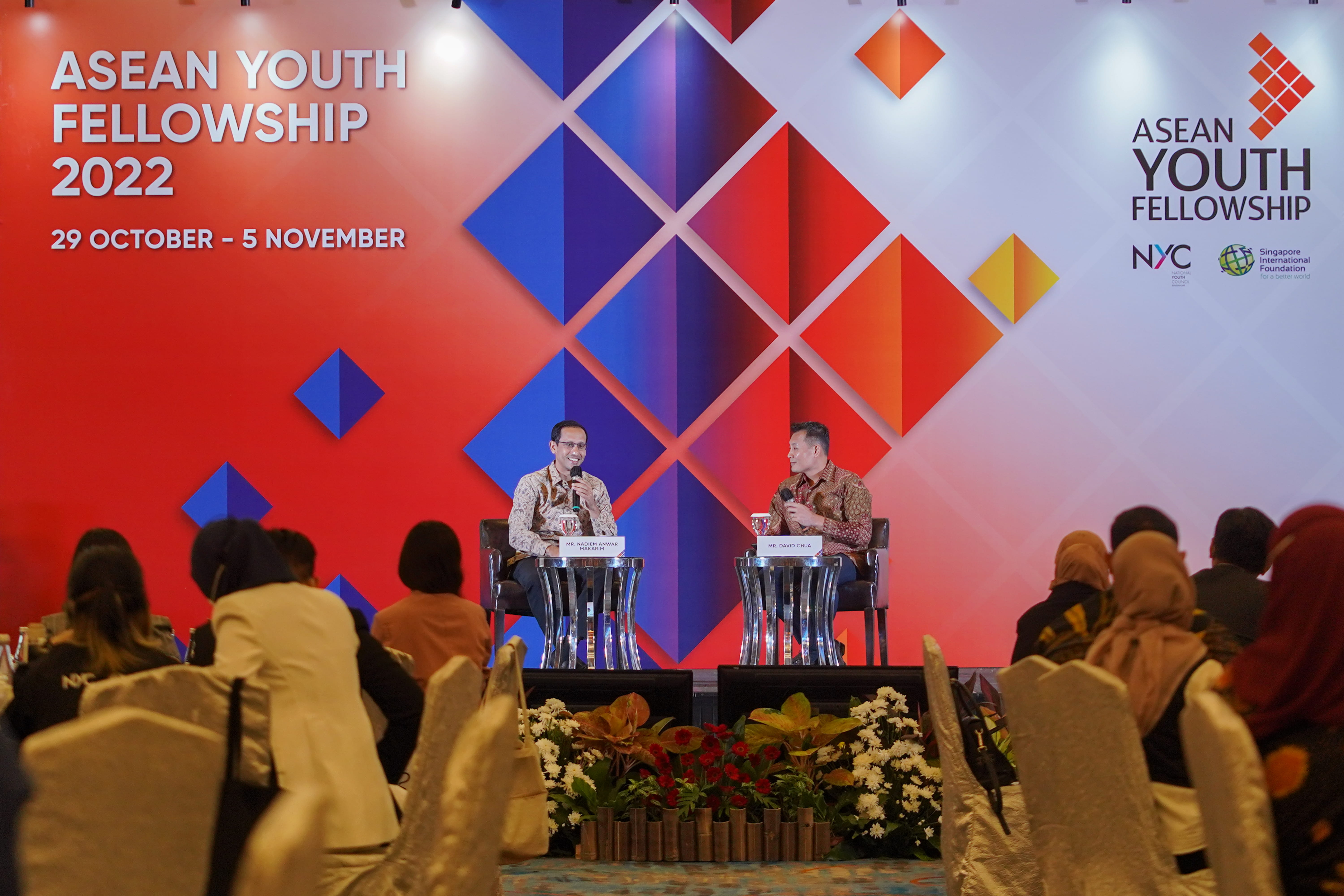 Indonesia’s Minister for Education, Culture, Research, And Technology Mr Nadiem Anwar Makarim (left) speaking at the 2022 AYF Ministerial Dialogue